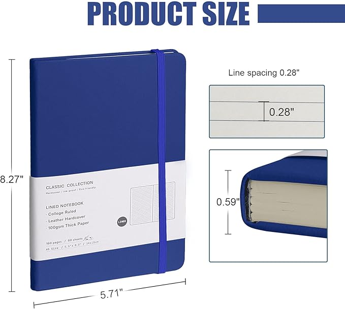 Lined Journal Notebook, 6Pack(Blue), 160 Pages, Medium 5.7 inches x 8 inches - 100 gsm Thick Paper, Hardcover