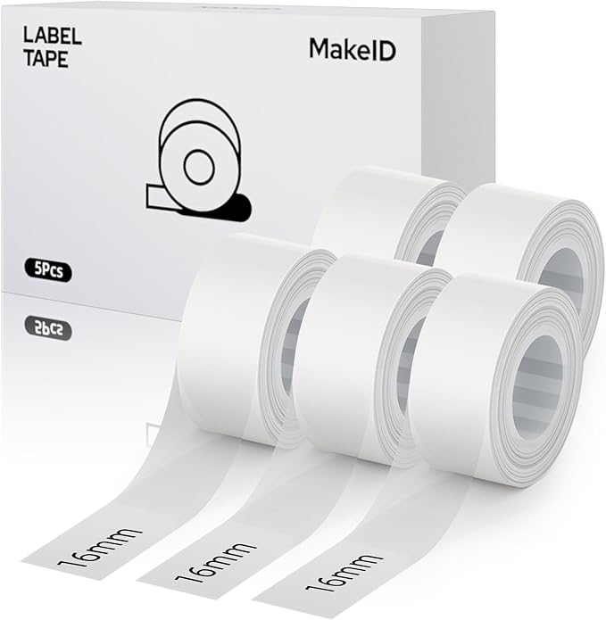 MakeID L1 E1 Q1 Label Maker Tape Refills, 5-Roll 16mm x 4m (0.63" x 13') Continuous Consumables Thermal Laminated Office Labeling Tape Replacement
