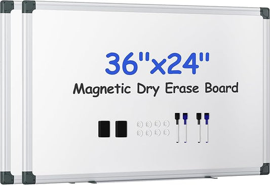 VUSIGN 2PCS Magnetic White Board Kit for Wall 36" x 24", 2 Dry Eraser & 4 Multicolor Markers & 8 Magnetic Pins, Sliver Reinforced Aluminum Frame for Home, School, Office
