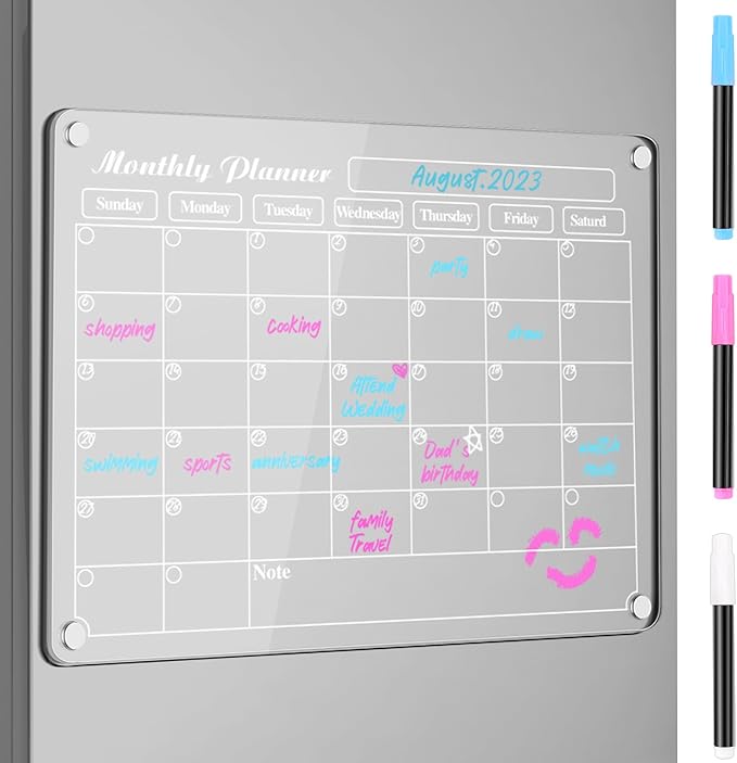 DIYMAG Acrylic Magnetic Dry Erase Calendar for Fridge, Clear Acrylic Calendar Planning Board Magnetic Monthly Planner Menu for Refrigerator with 3 Highlight Markers
