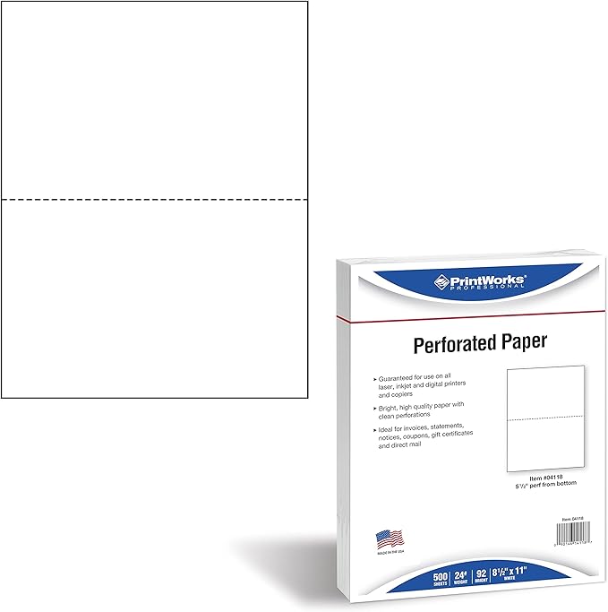 PrintWorks Half Sheet Perforated Paper, 8.5 x 11, 24 lb, 500 Sheets, White (04118)