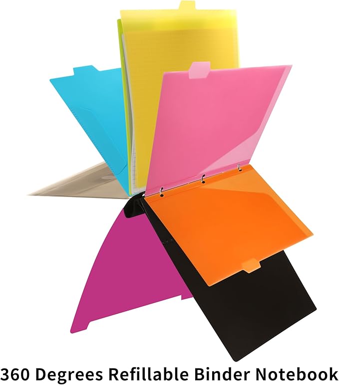 2 Pcs Pivotable Refillable Notebook, 3 Ring Binder Notebooks 1 Inch, Notebook with Dividers and Pockets, Folder Notebook, Flexible Binder, Soft Binders 3 Ring, Foldable Binder- Pink