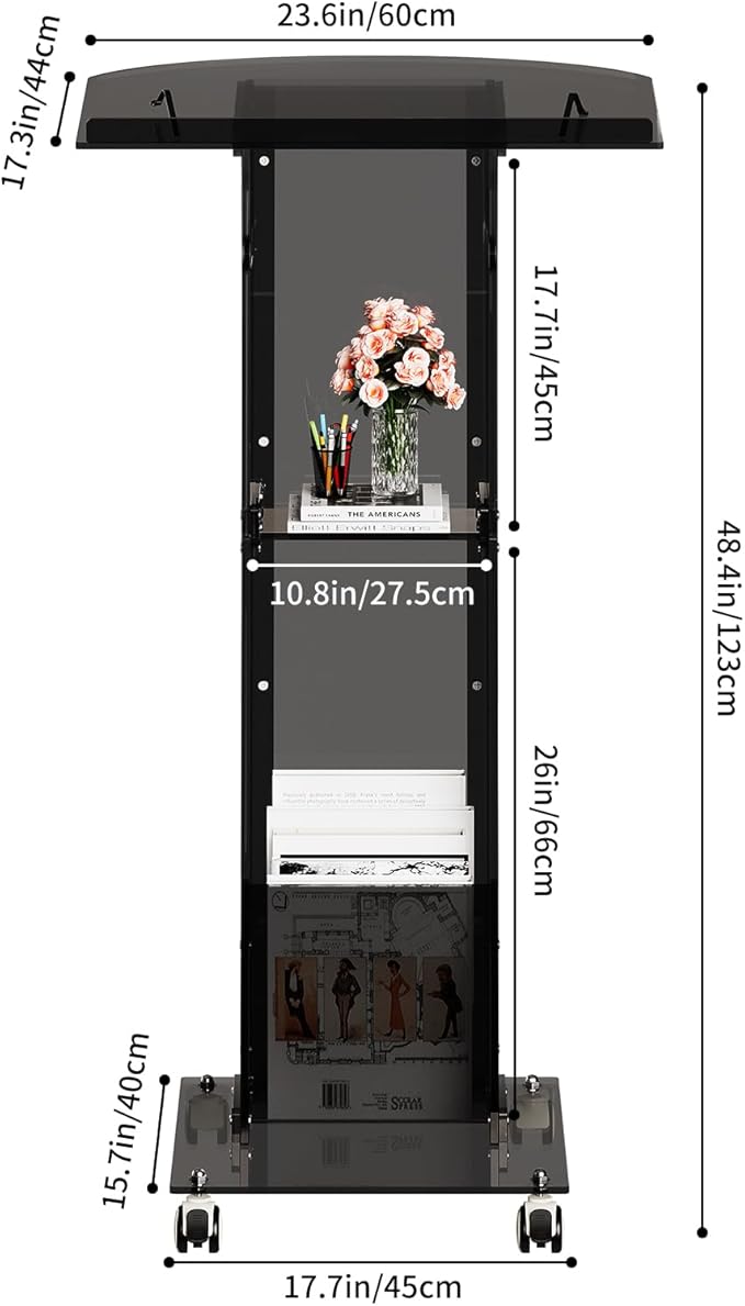 Acrylic Podium Stand,49“ Tall Portable Podium with Lockable Wheels, Black lecterns & Podium with Storage Shelf for Classroom, Pulpit Podium for Church,Wedding,Presentation