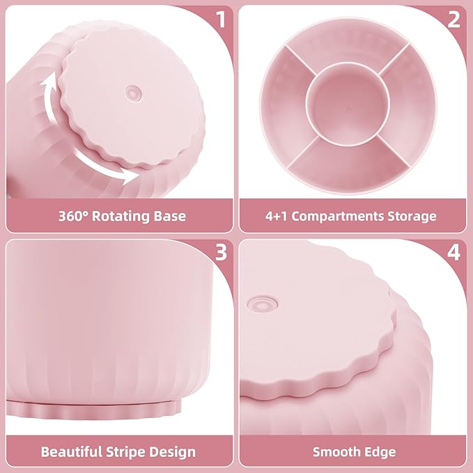 Marbrasse Desk Organizer - 360-Degree Rotating Pen Pencil Holder with 5 Compartments, Art Supply Storage Box Caddy for Office and Home (Pink)