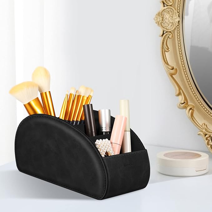 Large Remote Control Holder with 5 Compartments, KENOBEE Anti-slip Desktop Caddy Storage Organizer for Phone, Remote Controllers, Office Supplies, Makeup Brush, Media Accessories, Black