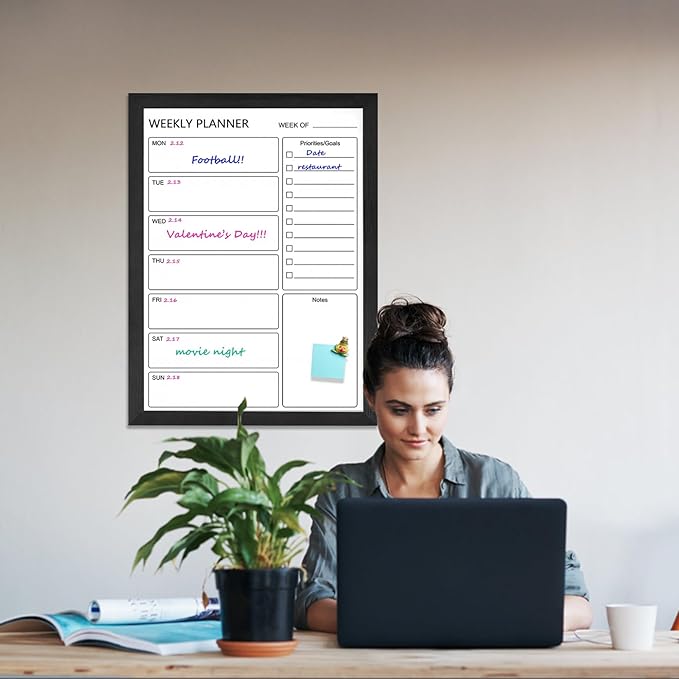 Dry Erase White Board Weekly Calendar Board, Magnetic Whiteboard for Wall,18“x24 Solid Wood Black Framed Message Board, Planner Board for Office, Home, School(Weekly-BB-BK-4560