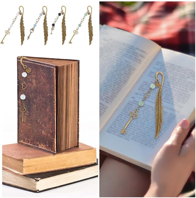 10pcs Feather Bookmarks, Metal Crystal Bookmarks Vintage Gemstone Beading Bookmarks Antique Bronze Key Book Markers for Reading Book Lovers Teacher's Day Delicate Gifts
