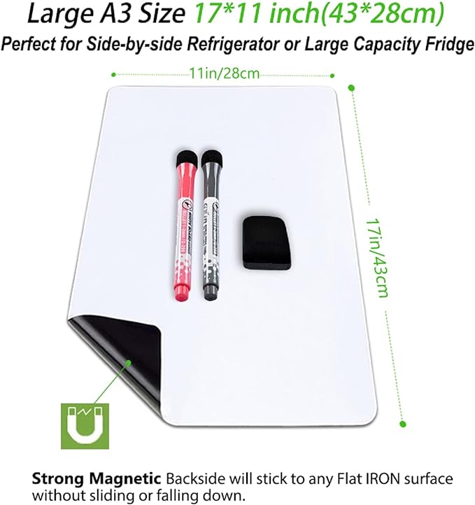 Magnetic Dry Erase Board Fridge Whiteboard Sheet 17"x11", Easy to Write and Clean, Flexible Refrigerator White Board for Home Kitchen Memo Shopping List, 2 Marker Pens and Eraser with Magnets