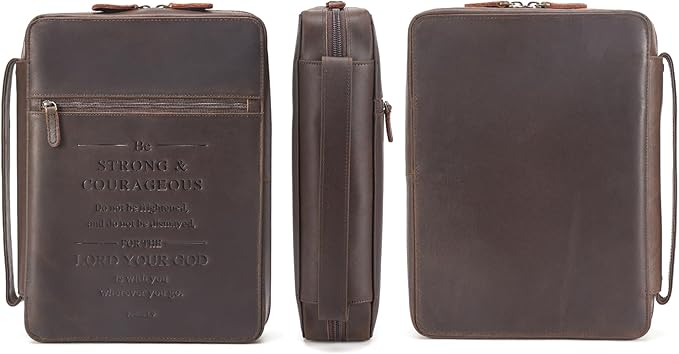 Polare Full Grain Leather Bible Cover Church Bag Bible Protective Book Holder Carrying Case Folder Organizer Portfolio with YKK Zippers, Dark Brown(Strong & Courageous)