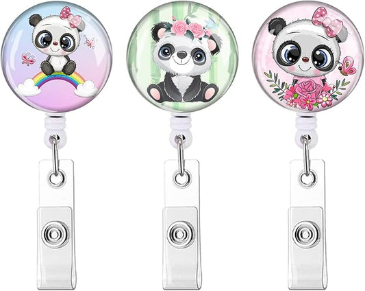 Retractable ID Badge Holder,Nurse Badge Reels with Clip,Name Card Holders for Office Worker Doctor Nurse (3 Pack Pretty Panda)