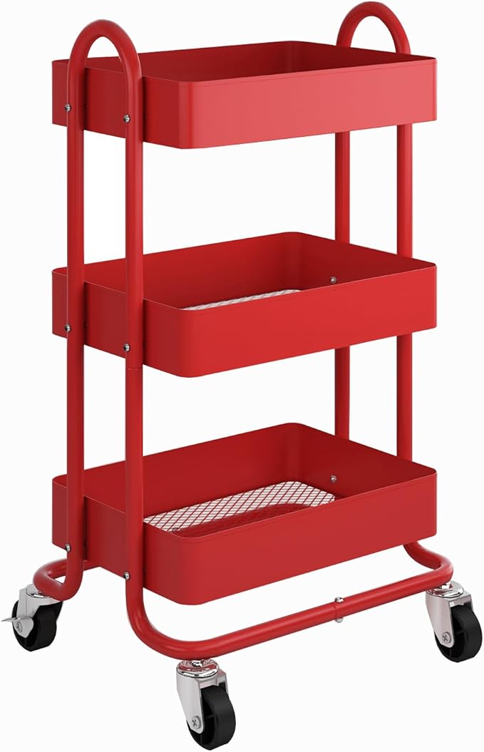 3-Tier Red Utility Rolling Cart,Kitchen Storage Carts with Wheels,Red Metal Rolling Cart for Office,Home,Kitchen,Garden๏ผ13.4"x18.1"x31"๏ผ Red
