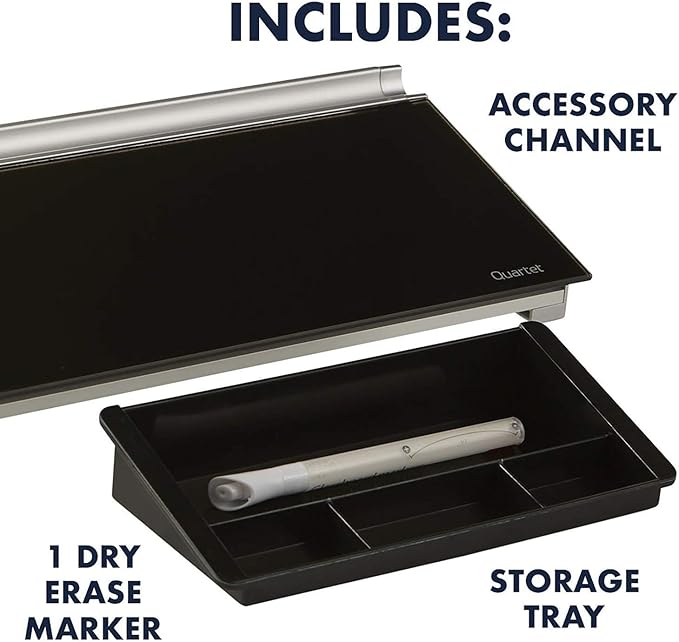 Quartet Glass Dry Erase White Board, Desktop Computer Pad for Notetaking, 18" x 6" Whiteboard, Clean Erase Surface with Storage, 1 Dry Erase Marker, Black Surface (GDP18B)