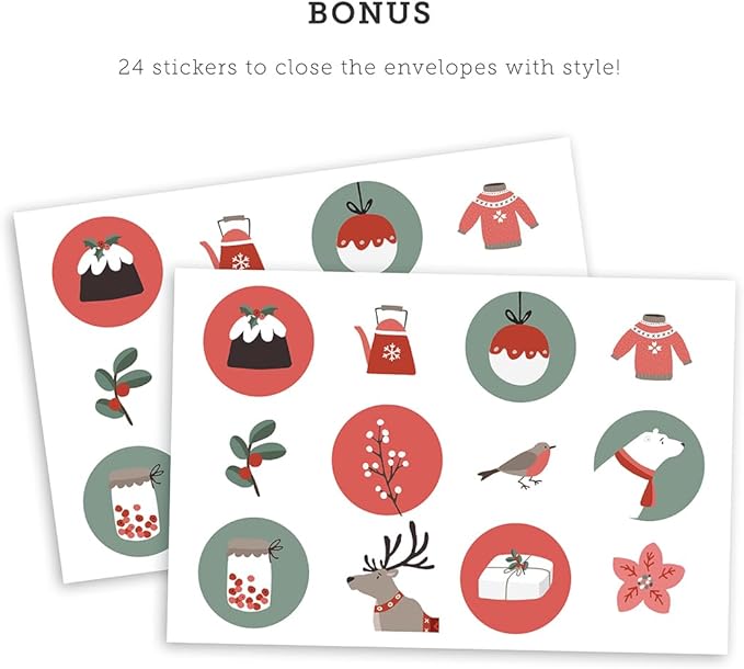 CARDAMONOLY Christmas Cards - Assorted Happy Holidays Cards Boxed with 24 Cards with Envelopes - 6 Designs Per Pack - Seasons Greetings Cards with Scandi Nordic Theme - Blank Xmas Cards