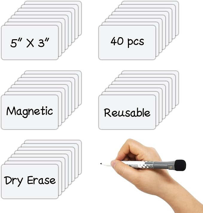 Dry Erase Magnetic Label 5x3 Inch White, Reusable Magnetic Dry Erase Labels for Whiteboards,Pack of 40