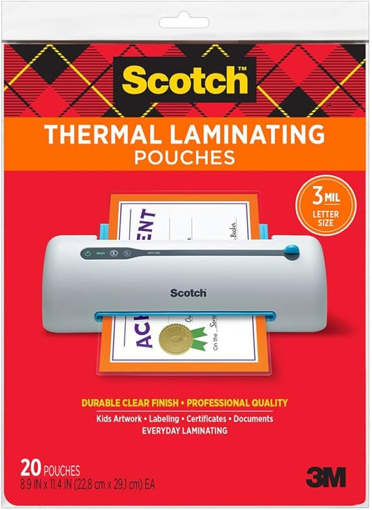 Scotch Thermal Laminating Pouches 8.9 x 11.4-Inches 3 mil Thick 20-Pack (TP3854-20) Clear