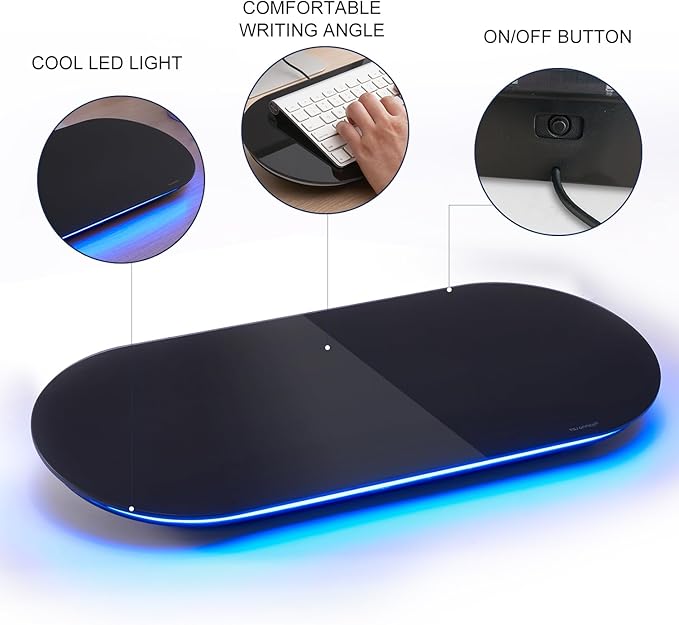 TSJ OFFICE Glass Desktop Whiteboard - 17 X 7 Inches Small Dry Erase Board with Blue Light, Glass White Board Surface Notepad with 1 Drawer, Desk Organizers for Office, Home, School Supplies (Black)