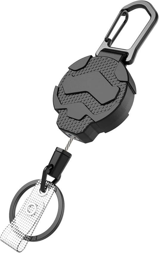 Retractable Keychain Badge Holder with Belt Clip, Heavy Duty Carabiner ID Badge Clip Reel, 32” Steel Retractable Cord, 10 oz Rebound,1pcs Black Keychain