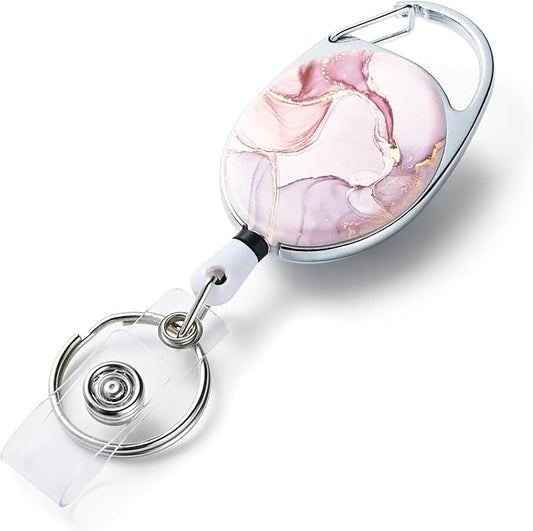 Badge Reels Retractable,Double Sided Color Print Pattern Badge Holders,with Keychain, Clip and Key Ring,Durable Nylon Rope,Pink Marble