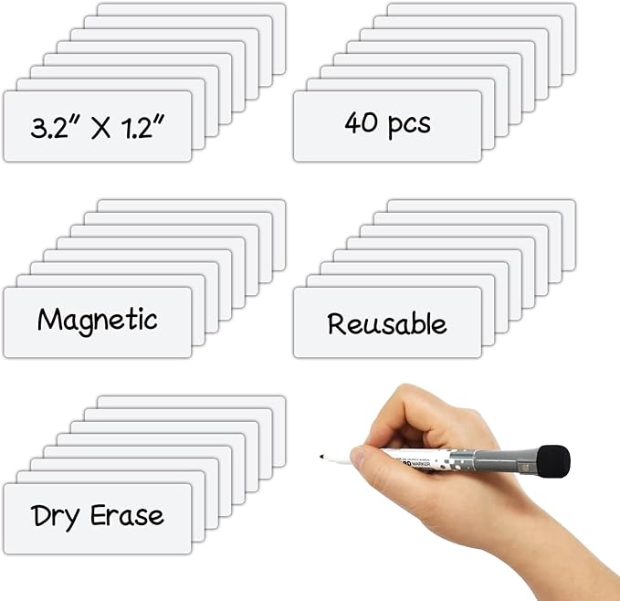 Dry Erase Magnetic Labels 3.1x1.2 Inch White, Reusable Magnetic Dry Erase Labels for Whiteboards,Pack of 40