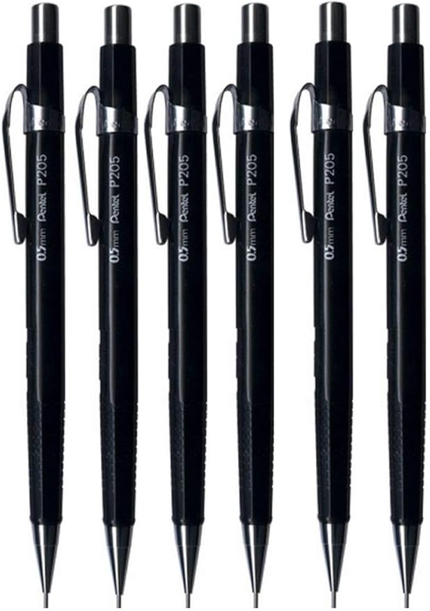 Pentel 0.5mm (P205) Black P200 Series Automatic Mechanical Drafting Pencil Refillable Lead Eraser P205-A (Pack of 6)