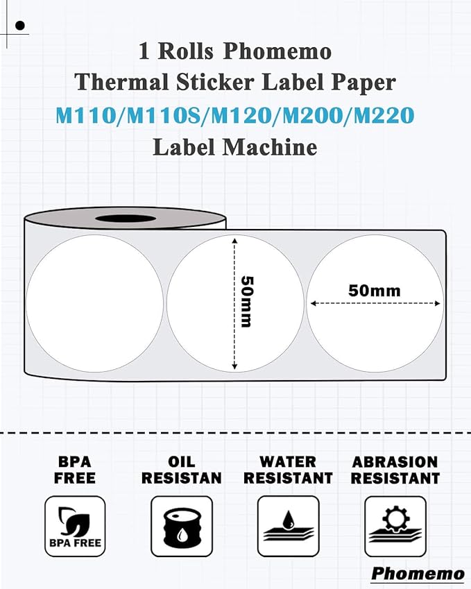 Phomemo 2 Inch Circle Label for M110/M110S/M120/M200/M220 Label Maker, Round Thermal Label for Business Labeling, DIY Logo Design,Inventory,420/3 Rolls