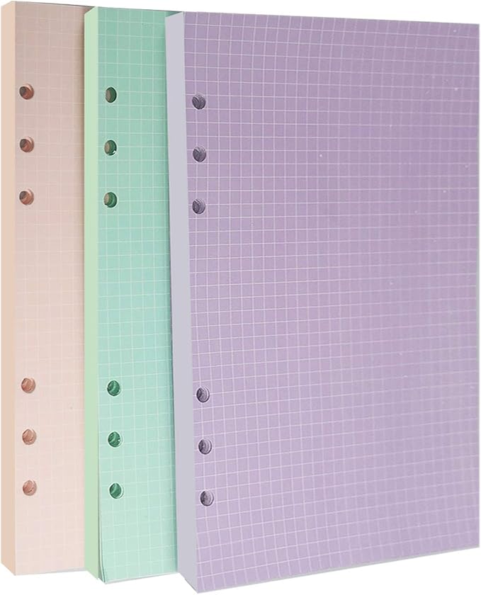 Chris.W A5 Refills Paper, 3 Pack 40 Sheets A5 Colorful Grid Binder Paper, 3 Pcs Binder Pockets, 1 Page Marker - 6 Hole Notebook Inserts for 6 Ring Refillable A5 Binder Notebook Planner