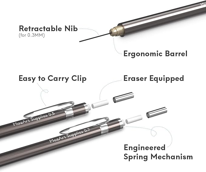MozArt Mechanical Pencil Set with Case - 4 Sizes: 0.3, 0.5, 0.7 & 0.9mm with 30 HB Lead Refills Each & 4 Eraser Refills -Sketch, Drafting, Art, Drawing Supplies (Nickle)