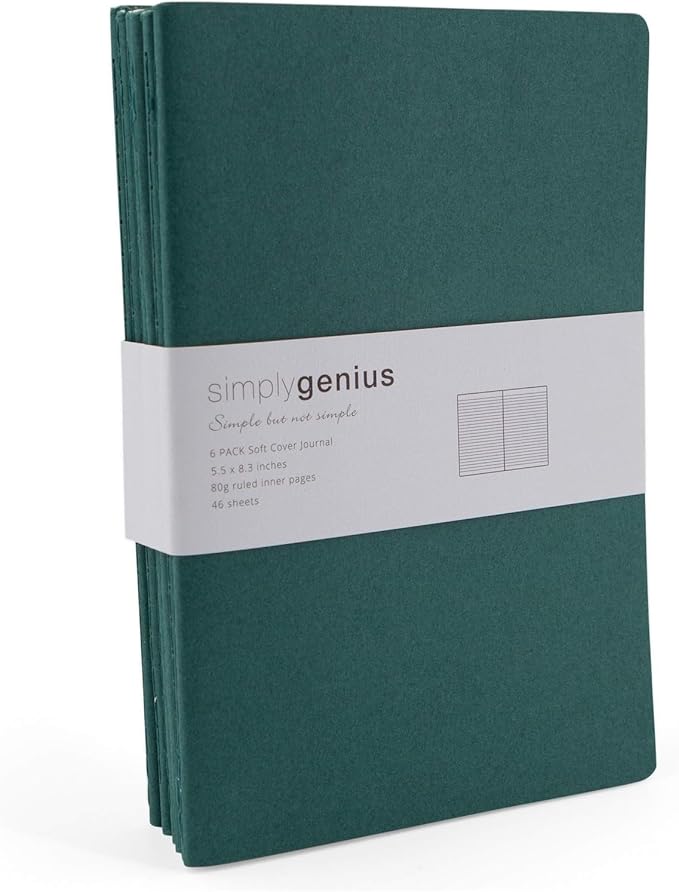 Simply Genius A5 Notebooks for Work, Travel, Business, School & More - College Ruled Notebook - Softcover Journals for Women & Men - Lined Note Books with 92 pages, 5.5" x 8.3" (Green, 6 pack)