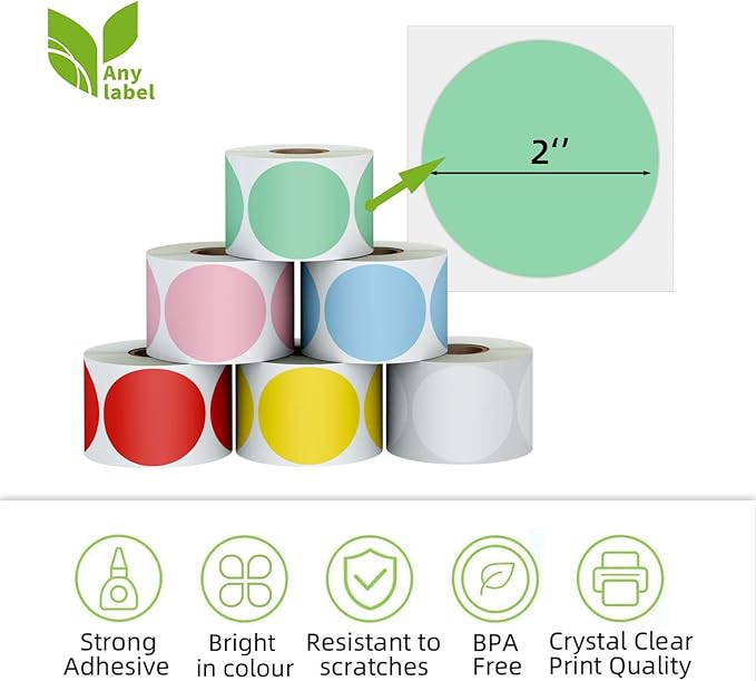 2" Color Circle Direct Thermal Labels, Self-Adhesive Round Direct Thermal Stickers, Multi-Purpose Roll Sticker Labels for DIY Logo Brand Design, QR Code, Name Tag(6 Rolls, 4500 Labels)