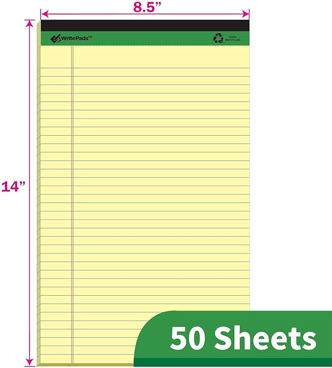 KAISA Legal Pad 14" Large Writing Pads Notepads, Wide Ruled 8.5"x14" Legal Pad, 50 Sheets Perforated Recycled Paper Pads, Canary 12pad, KSU-6658