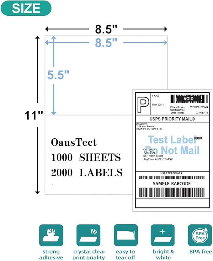 Shipping Address Label Stickers Paper for Laser and Inkjet Printer (1000 Sheets, 8.5" x 5.5" (2-UP))