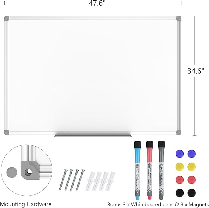 Lockways White Board Dry Erase Board 48 x 36 Inch, Magnetic Whiteboard 4 x 3, Silver Aluminium Frame, Set Including 1 Detachable Aluminum Marker Tray, 3 Dry Erase Markers, 8 Magnets