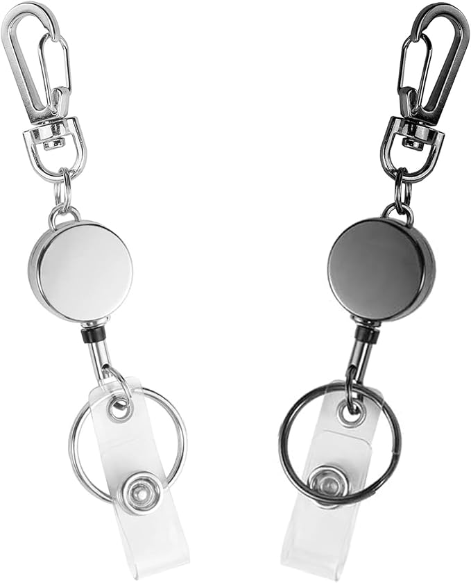 2 Pack Metal Retractable Badge Holder Reel with Key Ring Carabiner Key Chain Rings for Nurse,Teacher,Student,Office Workers (Silver,Black)