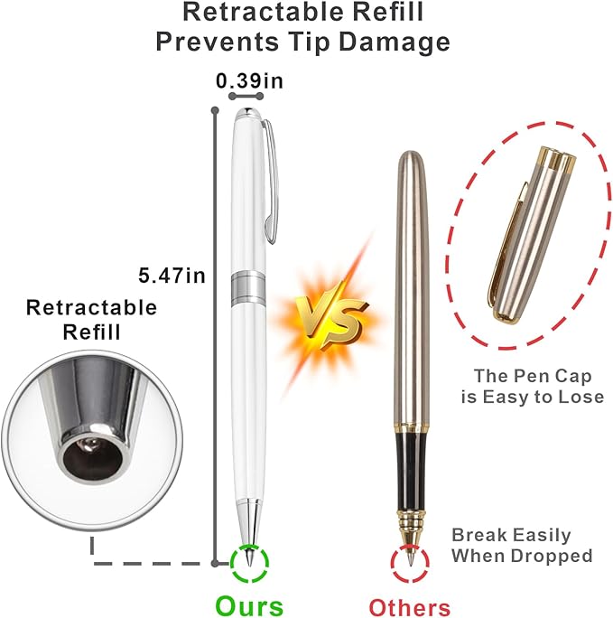 Cambond Ballpoint Pens White Pens - Fancy Pens Black Ink Pens for Journaling Men Gift Business Police Flight Attendant 1.0 mm Medium Point, 3 Pens with 3 Extra Refills (White)