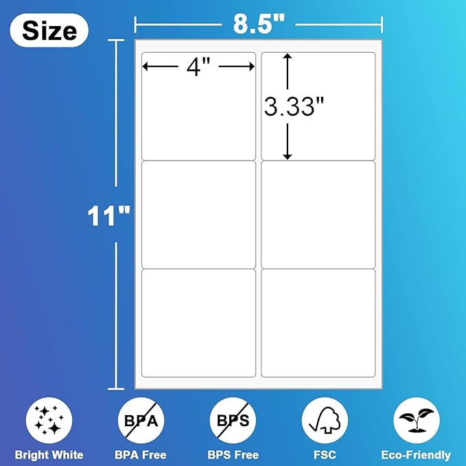6 Up Shipping Address Labels, 3.33" X 4" (8164/5164) Address Barcode Label for Inkjet/Laser Printer (2000 Sheet -12000 Labels)