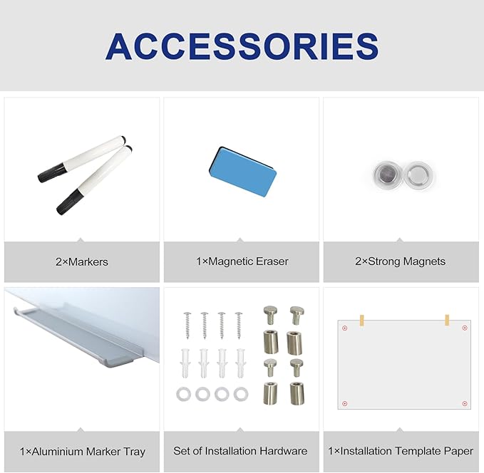 Glass Magnetic White Board - 48 x36 Inches Dry Erase Glass Whiteboard for Wall, Wall Mounted Glass Board for Office and Schools