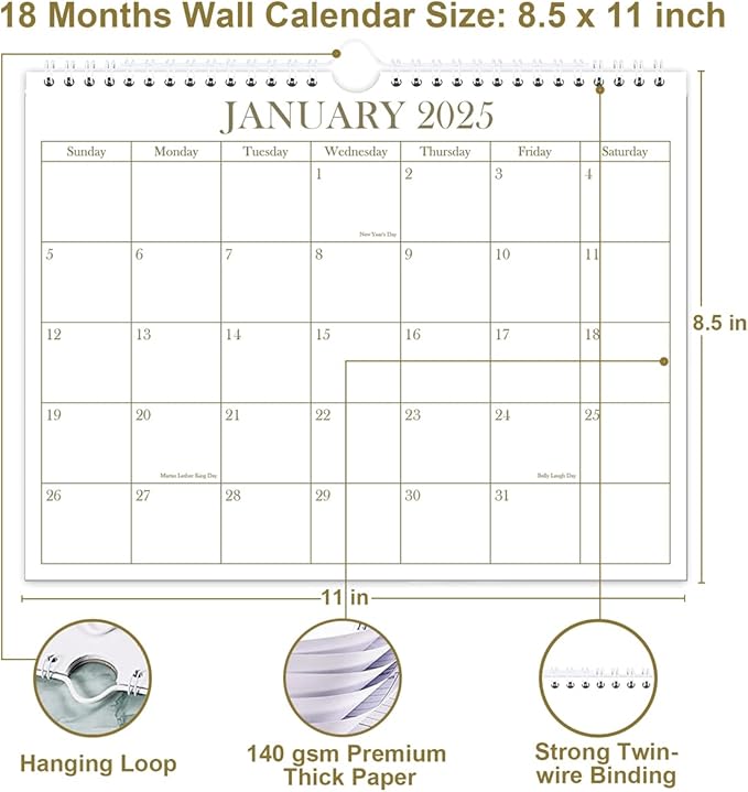 Calendar 2025-2025-2026 Wall Calendar from January 2025 - June 2026, 18 Months Calendar with Premium Paper, Twin-Wire Binding & Hanging Hook, 8.5" x 11", Golden