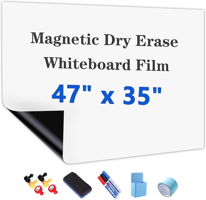 Magnetic White Board Film, 47" x 35" Dry Erase Board for Wall, Self Adhesive Whiteboard Paper Set for Office, Conference Room, Classroom, Home, Include Marker, Magnetic Eraser and Magnets