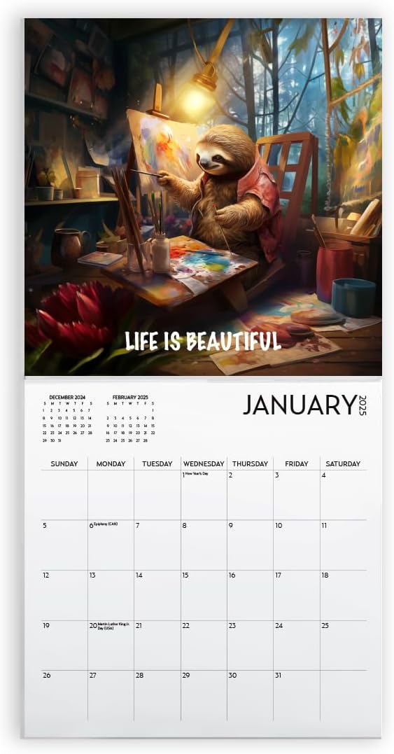 Sloth Calendar 2025 with Sticker Pack, Large 12 x 12 inch Wall Calendar, Mindfulness Wall Calendar, Inspirational Sloth Gift and Sticker Pack