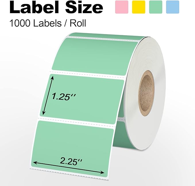 Misofuki 2.25x1.25 1000 Labels Rectangular Green Direct Thermal Stickers Labels Roll Compatible with Zebra, Rollo, MUNBYN, Self-Adhesive Direct Thermal Labels