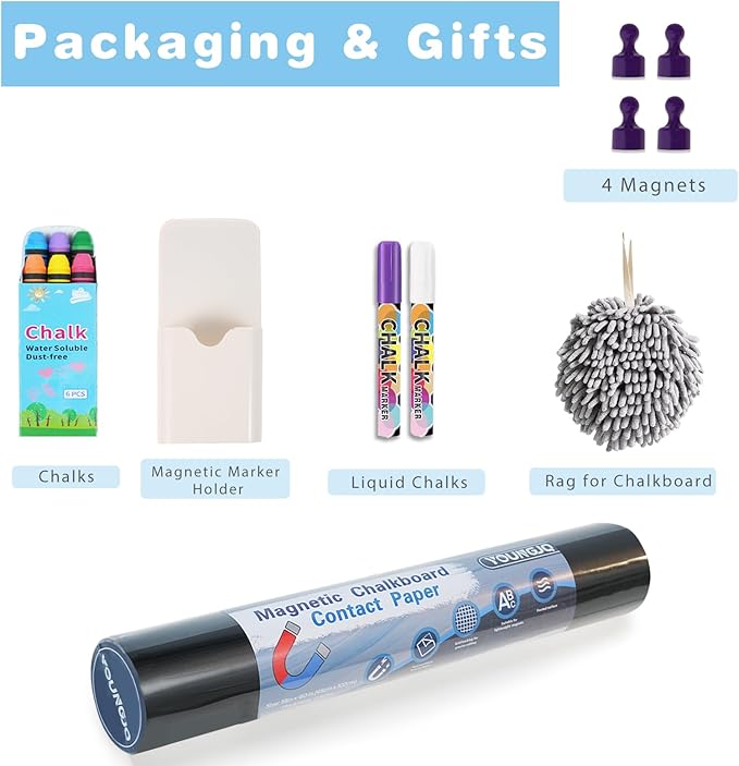 2 Pcs Magnetic Chalkboard Contact Paper for Wall 40" x 18" Self Adhesive Blackboard Wallpaper Peel and Stick Chalk Board Sticker Roll with Chalks for Kids Playroom Classroom Home