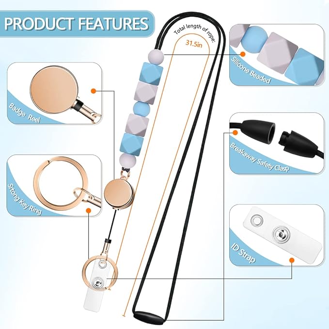 Retractable Lanyards for ID Badges and Keys, Cute Breakaway Teacher Lanyard with Badge Holders and Reels, Silicone Beaded Lanyard for Women, Nurses, Office with 2 Waterproof Card Holders