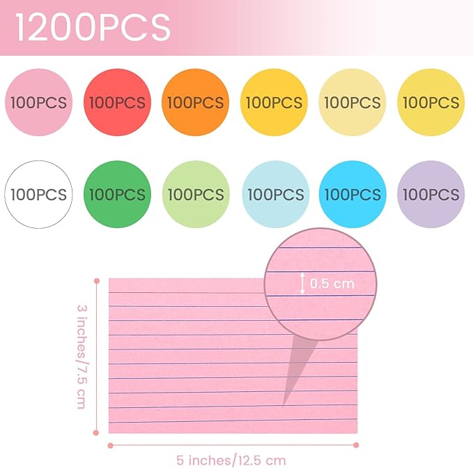 Koogel 1200ct Bulk 3x5" Colored Index Cards | Dual-Sided Ruled & Blank Flashcards | Classroom to Boardroom Multi-Scene System