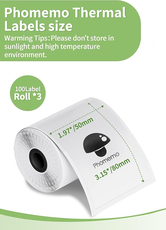 Thermal Sticker Labels Compatible with Phomemo M110/M220/M221/M120/M200/M110S Label Makers, 1.97"x3.15"(50mm*80mm), Thermal Paper for Bussiness/Design/Barcode,Black on White,100 Labels/Roll