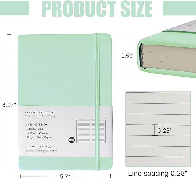Lined Journal Notebook, 10Pack(Eggshell Green), 160 Pages, Medium 5.7 inches x 8 inches - 100 gsm Thick Paper, Hardcover