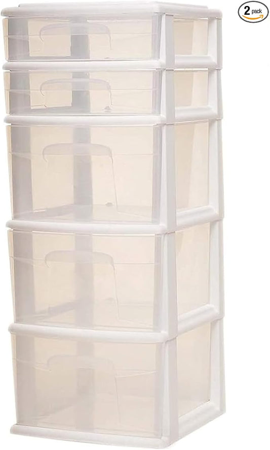 HOMZ 2-Pack 5-Drawer Storage Unit, Home & Office Plastic Organizer, White Frame