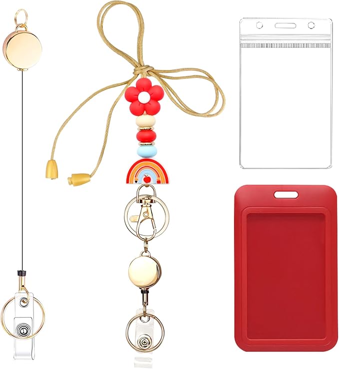 Colorful ID Badge Holder with Silicone Beads Lanyard Set,Cute Teacher Breakaway Lanyard for Keys & Keychain with Cute Retractable Badge Reel Holder,Gift for Women,Nurse, Teacher. (Rainbow 1)