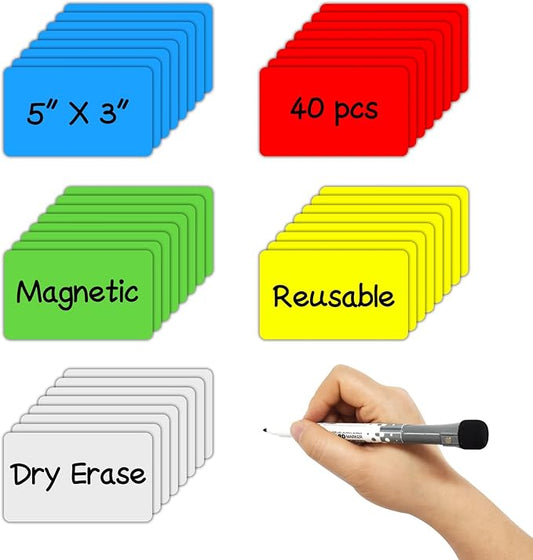 Dry Erase Magnetic Labels 5x3 Inch, 40 Pack, Reusable Magnetic Dry Erase Labels for Whiteboards,Locker, School, Classroom, Office, Home