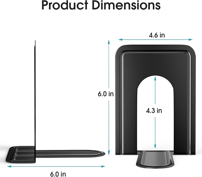 MaxGear Premium Matte Painted Heavy Duty Book Ends, Weight Added Bookends for Shelves, Black Non-Skid Metal Bookend/Stopper for Movies/CDs/Video Games, 6 x 4.6 x 6 in, (1 Pairs/2 Pieces, Large)