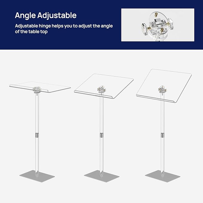 HMYHUM Acrylic Podium Stand, Angle Adjustable, Modern Lecterns & Pulpits for Classroom, Concert, Church, Speech, Easy Assembly, Metal Base, 23.6" L x 15.7" W x 42.3" H, Clear